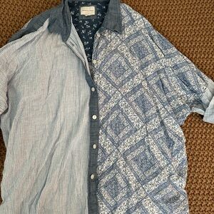 American Eagle Oversized Linen Chambray Patchwork Button Down Shirt